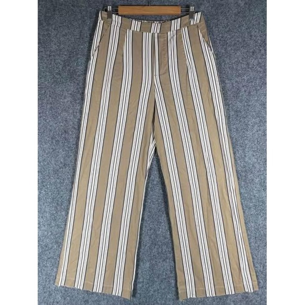 KUT From the Kloth Maya Wide Leg Linen Pant Womens Medium Taupe Stripe Beach